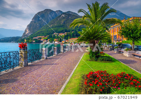 Colorful flowers and spectacular walkway, Lake Como, Menaggio, Lombardy, Italy 67021949
