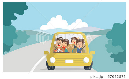 夏に山道をドライブする4人家族のイラスト素材 夏に山道をドライブする4人家族のイラスト素材