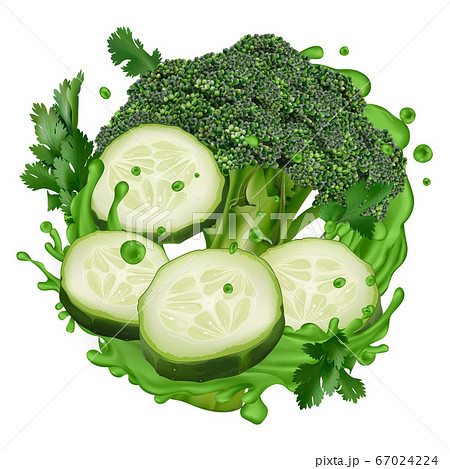 Green juice splash with broccoli and cucumber slices 67024224