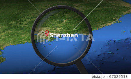 Magnifying glass finds Shenzhen city on the map, 3d rendering Magnifying glass finds Shenzhen city on the map, 3d rendering 67026553