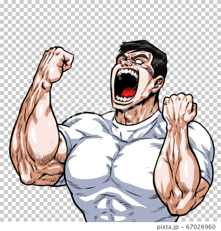 ガッツ 七三 サラリーマン ビジネスマン 逆上 絶叫 雄叫び 劇画 漫画 筋肉 ボディビル マッチョのイラスト素材