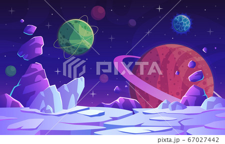 Fantasy space scene. Extraterrestrial landscape with colorful vivid planets, craters, stars and comet fantastic world, game vector background Fantasy space scene. Extraterrestrial landscape with colorful vivid planets, craters, stars and comet fantastic world, game vector background 67027442