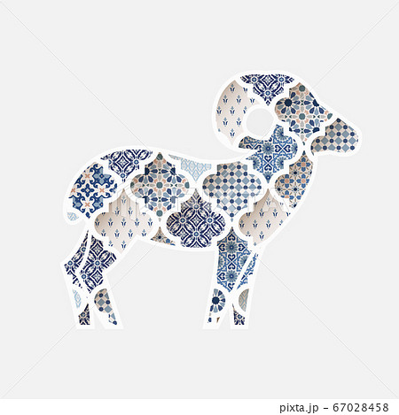 Greeting card, invitation with silhouette of ornamental sheep. Blue Moroccan, arab pattern tiles fill. Eid al Adha holiday, muslim community festival of sacrifice. Vector illustration background. 67028458