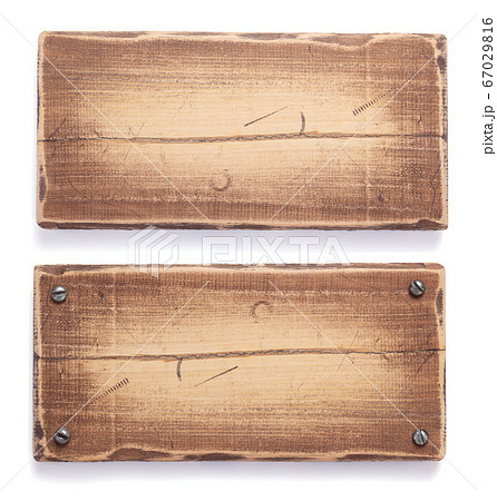 aged wooden signboard or nameplate on white 67029816