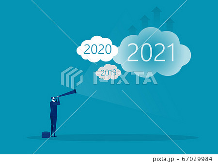 Businessman looking for opportunities in spyglass on 2021 year the target on cloud Businessman looking for opportunities in spyglass on 2021 year the target on cloud 67029984