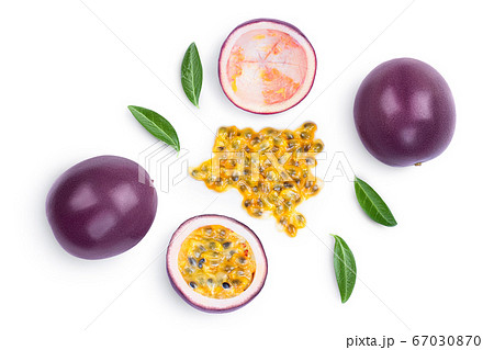 passion fruits and half isolated on white background. maracuya with clipping path. Top view. Flat lay 67030870