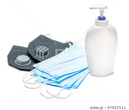 White bottle of cream, lotion, sanitizer or liquid soap and protective mask isolated on white background 67032511