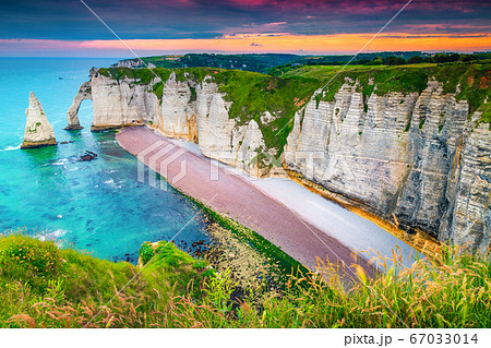 Amazing Atlantic ocean coastline with high cliffs, Etretat, Normandy, France Amazing Atlantic ocean coastline with high cliffs, Etretat, Normandy, France 67033014