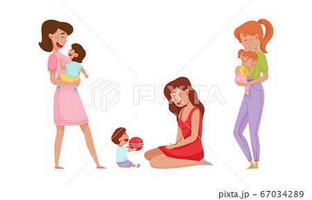 Mother Holding Her Child in Arms and Playing Vector Illustrations Set 67034289