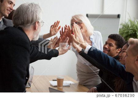 Multiracial young and senior businesspeople join hands giving hi 67036230