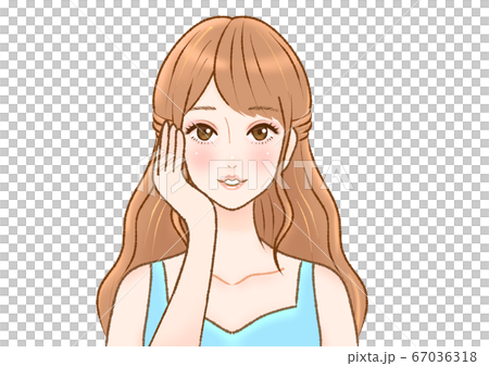 頬に手を当てる茶髪女性のイラスト素材