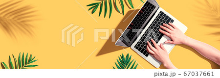 Person using a laptop computer with tropical leaves Person using a laptop computer with tropical leaves 67037661