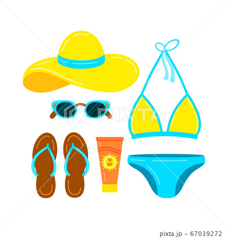 Swimsuit, slippers, hat, sunglasses and sunscreen vector icon set isolated on white background. 67039272