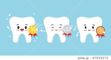 Teeth with medal golden, silver, bronze with laurel branches and red ribbon isolated on white background. Teeth with medal golden, silver, bronze with laurel branches and red ribbon isolated on white background. 67039273