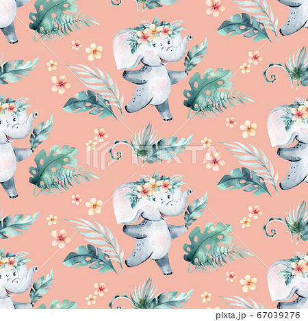 Watercolor seamless tropical pattern with dancing elephant and crocodile african jungle animals on white background. Childish Africa animal illustration. Happy birthday,celebration concept. 67039276
