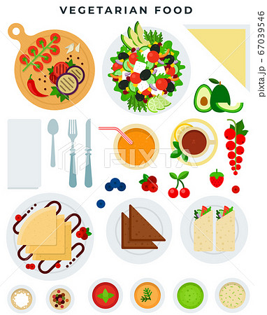 Variety of vegetarian food, raw and cooked, set of flat design colorful elements. Vector illustration. 67039546