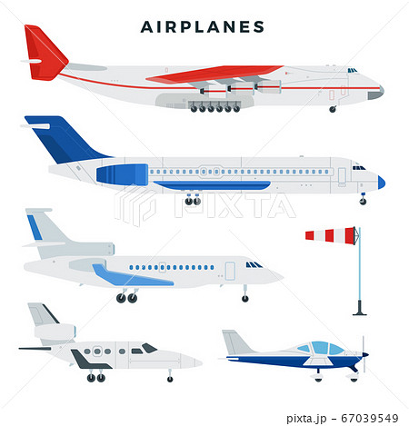 Passenger and cargo airplane, set. Airplanes, side view. Modern types of planes. Vector illustration. 67039549