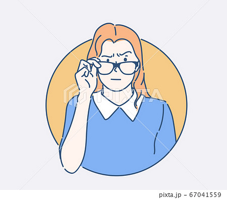 Skeptical jealous woman looking at something. Young woman wearing elegant black eyeglasses. Hand drawn in thin line style, vector illustrations. Skeptical jealous woman looking at something. Young woman wearing elegant black eyeglasses. Hand drawn in thin line style, vector illustrations. 67041559