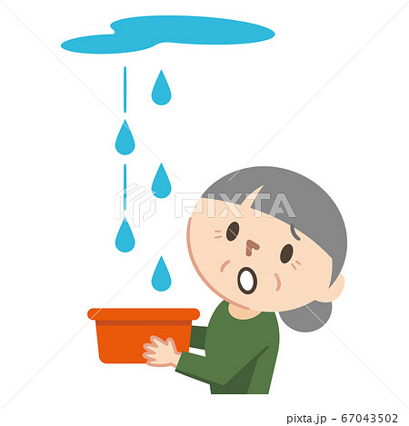 雨漏りに困る高齢者女性のイラストレーションのイラスト素材