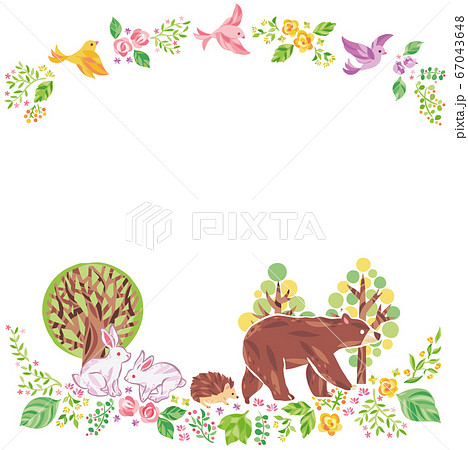 木、花、草などの植物と動物 イラスト フレームのイラスト素材