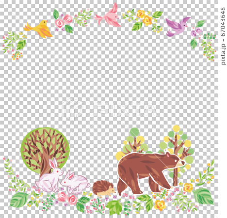 木、花、草などの植物と動物 イラスト フレームのイラスト素材