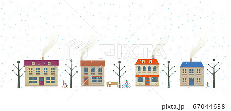 初冬の街並みと歩く人々のイラスト素材