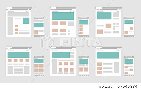 ウェブサイト テンプレート ワイヤーフレーム モックアップ Pcブラウザ スマートフォン のイラスト素材