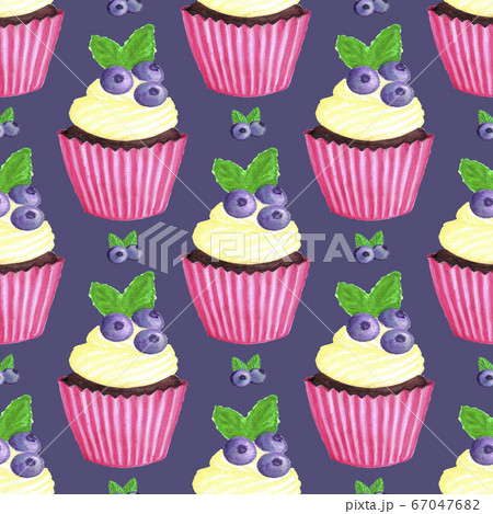 with blueberry cupcake pattern. Nice dessert print with blueberry cupcake pattern. Nice dessert print 67047682