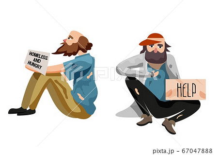 Miserable pauper sitting isolate on white backdrop 67047888