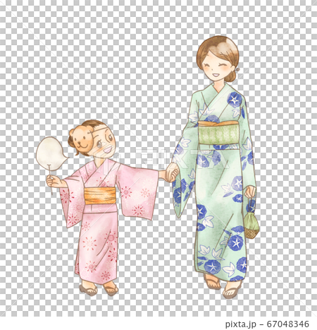 父母和孩子們穿著浴衣行走（無背景） 67048346