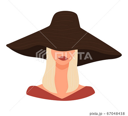 Stylish blond lady wearing hat with wide brims Stylish blond lady wearing hat with wide brims 67048438
