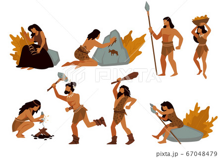 Tribal people, gatherers and hunters, prehistoric civilizations vector Tribal people, gatherers and hunters, prehistoric civilizations vector 67048479