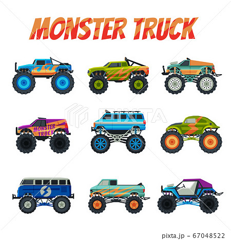 Monster Truck Vehicles Collection, Colorful Cars with Big Wheels, Heavy Professional Transport Vector Illustration Monster Truck Vehicles Collection, Colorful Cars with Big Wheels, Heavy Professional Transport Vector Illustration 67048522