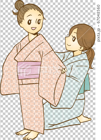 浴衣の着付けをする親子（ベクター） 67048560