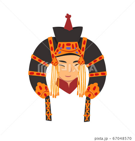 Face of Beautiful Mongol Woman, Central Asian Character in Traditional Headgear Vector Illustration 67048570