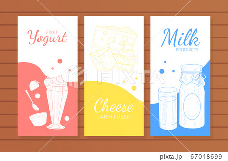 Dairy Products Banners Templates Set, Yogurt, Milk, Cheese Fresh Farm Food Hand Drawn Vector Illustration Dairy Products Banners Templates Set, Yogurt, Milk, Cheese Fresh Farm Food Hand Drawn Vector Illustration 67048699