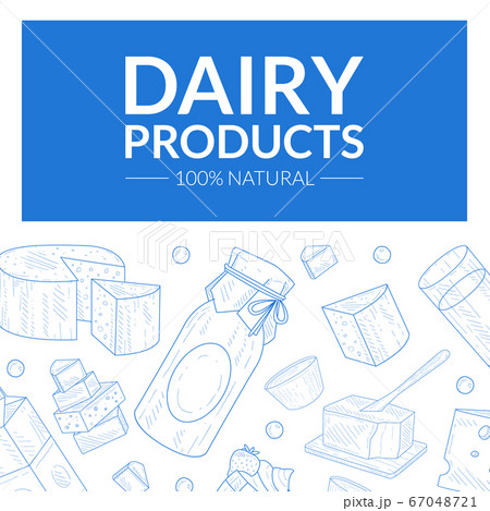 Dairy Products Banner Template, Natural Healthy Traditional Organic Dairy Food Seamless Pattern Hand Drawn Vector Illustration 67048721