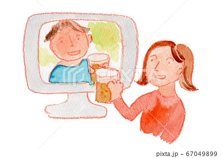 オンライン飲み会　男女　水彩 67049899