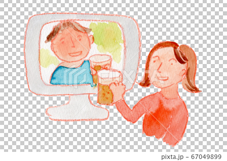 オンライン飲み会　男女　水彩 67049899