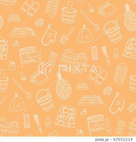 Sauna and Bathhouse accessories. Hand drawn seamless pattern. 67052214