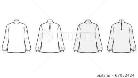 Turtleneck blouse technical fashion illustration with long sleeves and cuff, oversized, button fastening keyhole at back Turtleneck blouse technical fashion illustration with long sleeves and cuff, oversized, button fastening keyhole at back 67052424