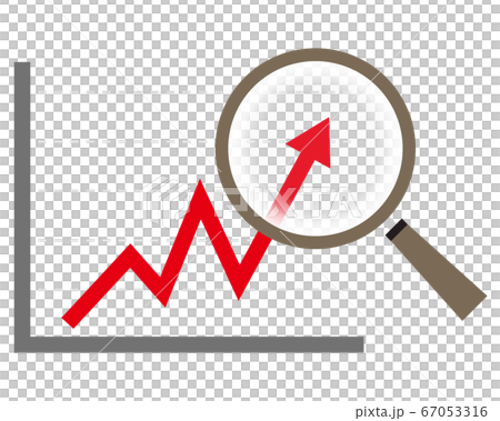 虫眼鏡でグラフを拡大するベクターイラスト ルーペのアイコン 矢印 株価上昇 景気のイラスト素材