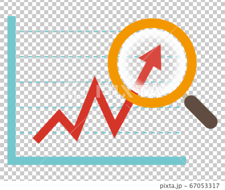 虫眼鏡でグラフを拡大するベクターイラスト ルーペのアイコン 矢印 株価上昇 景気のイラスト素材