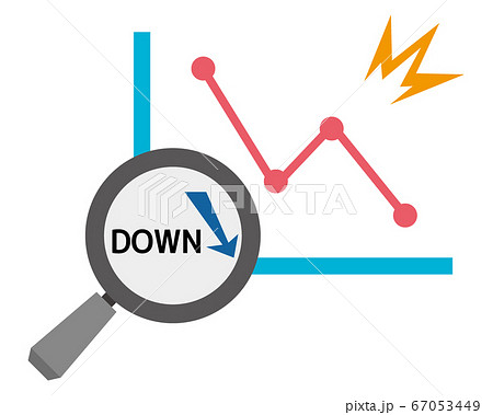 虫眼鏡でグラフを拡大するベクターイラスト ルーペのアイコン 矢印 株価下落 景気のイラスト素材