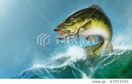 Largemouth Bass jumps out of water realistic illustration. Big bass perch fishing in the usa on a river or lake. Horizontal background mobile version of the sea wave sunny day place for text. 67053503