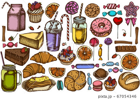 Vector set of hand drawn colored cinnamon, macaron, lollipop, bar, candies, oranges, buns and bread, croissants and bread, strawberry, milk boxes, smoothie cup, lollipop, smothie jars, cheesecake 67054346