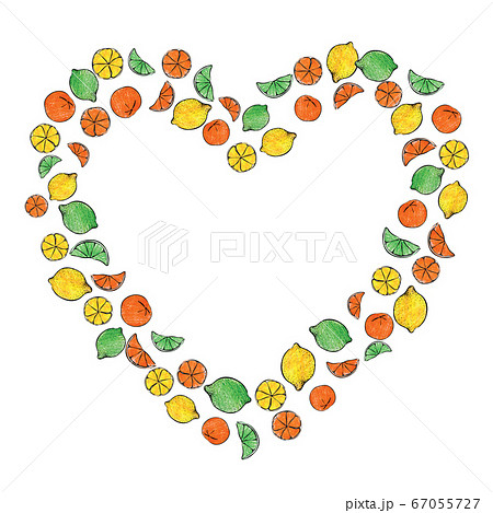 Fresh summer crayon hand drawn citrus fruit candy romantic Valentine's day border heart frame ring illustration. Good for poster, greeting or business card. With free blank copy space for text. 67055727
