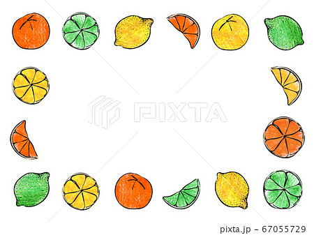 Fresh summer crayon hand drawn citrus orange lemon lime fruit candy gelatin border frame ornament illustration. A4 A3 international paper slide poster card with free blank copy space for text. 67055729