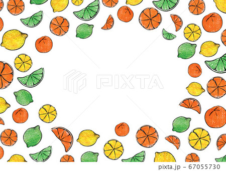 Fresh summer crayon hand drawn citrus orange lemon lime fruit candy gelatin border frame ornament illustration. A4 A3 international paper slide poster card with free blank copy space for text. 67055730