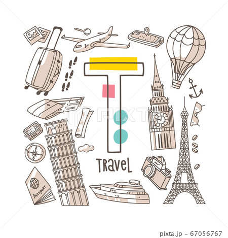 Letter T - Travel, cute alphabet series in doodle Letter T - Travel, cute alphabet series in doodle 67056767